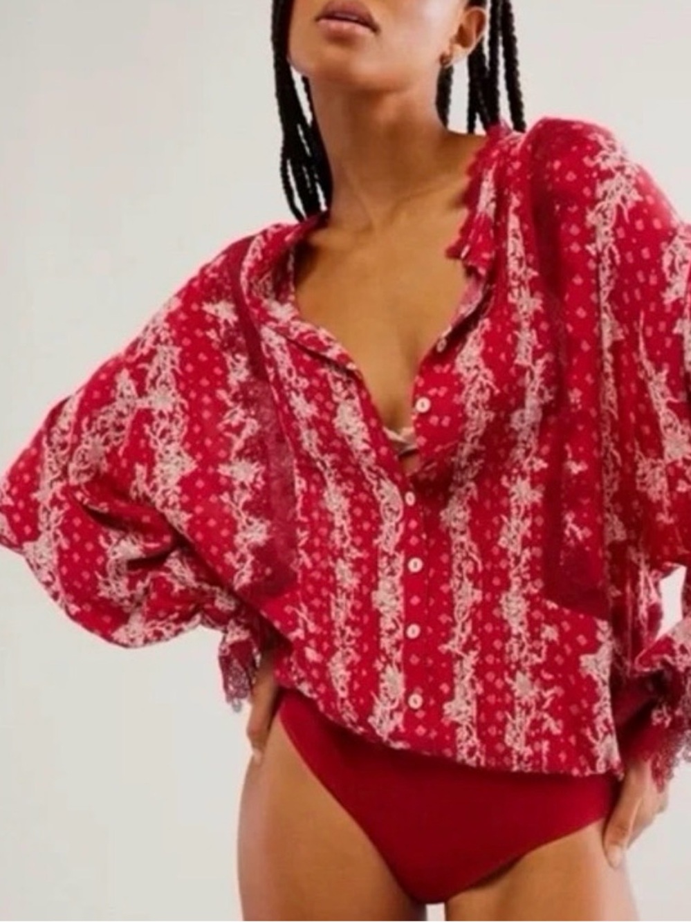 Intimately Free People FP Boho Floral Cottagecore Bodysuit Red Top Women’s M